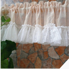 YICKYUE - Linen Yarn Small Curtain Pink, Light Khaki Short Curtain with Lace Sheer Tulle Window Valance for Door Kitchen Cafe Living Room