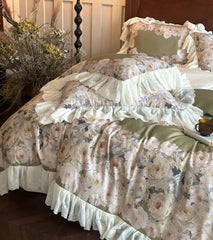 YICKYUE - Vintage french flower bedding set,full queen king retro fairyfair ruffled green home textile bed sheet pillow case quilt cover