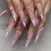 Yickyue Purple French Aurora Bowknot Flowers Rhinestone Long Pointed False Nails Detachable Finished Fake Nails Press on Nails with Glue