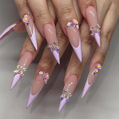 Yickyue Purple French Aurora Bowknot Flowers Rhinestone Long Pointed False Nails Detachable Finished Fake Nails Press on Nails with Glue