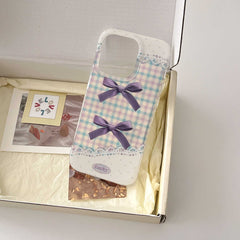 YICKYUE - Ins Purple Bowknot Check Phone Case For Iphone 16ProMax 15Pro 13ProMax 16 13 14 15 Pro Max 15ProMax 14Pro Lace Points Cover