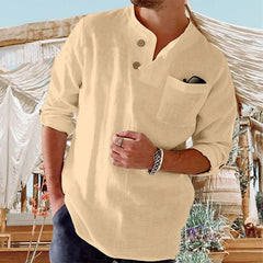 Hearujoy Retro Shirts Mens 100% Cotton Linen Long Sleeve Stand Collar Casual Loose Button Pullover Spring Summer Fashion Vintage Top Male