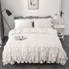 White Pink Gray Soft Korean Princess Style Bedding Set Layered Ruffles Design Duvet Cover Bed Skirt Bed Sheet Pillowcases 4Pcs