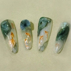 YICKYUE 10Pcs Oriental-Themed Press-On Nails with Lotus Leaf,Koi Fish,Bamboo Patterns Crescent Moon Designs Nail Tips for Women&Girls