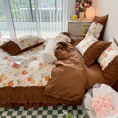 YICKYUE - Princess Style Pleated Lace Autumn and Winter Caramel Color Four-piece Bedding Set Quilt Cover Bed Sheet Bed Skirt Bed Sheet