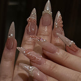 YICKYUE - 24pcs Mermaid Aurora Fake Nails Shiny 3D Pearl Decor Press on Nails Full Cover Wearable Bride Lady French Almond False Nail Tips