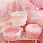 Round White Pink Small Hand Woven Basket Bedside Tabletop Snacks Storage Basket Cosmetics Coffee Table Storage Baskets