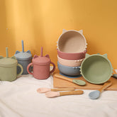 Food Grade Baby Feeding Bowl Sippy Cup Set Non-slip Children's Suction Bowl Wooden Handle Silicone Spoon Kids Training Tableware