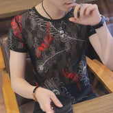 Hearujoy Summer New Men Ice Silk Pattern Print Tshirts Short sleeve Ultra-thin Tee Tops Fashion Sexy Hollow Out Elastic Slim Fit T-shirts