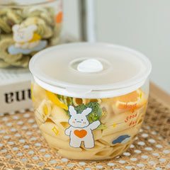 800ml Cartoon Glass Seal Fresh-keeping Box With Lid Fruit Salad Instant Noodle Bowl Office School Lunch Box Microwave Safe