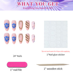 YICKYUE - Flower Press on Nails Medium Almond Fake Nails Colorful Flower Blue Borders Designs Acrylic Artificial French Tip Press on Nails