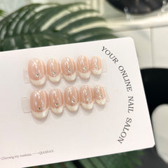 YICKYUE - 10pcs Handmade Oval Press On Nails Aurora French False Nails White Edge Rhinestone Design Nails Art Full Cover Wearable Manicure