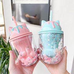 Creative Kawaii cat claw double layer plastic water cup girl heart fashion straw cup light double layer lovely petal cat cup