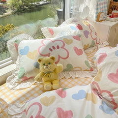 Lovely Princess Flower Print Ruffles Bedding Set 100% Cotton Cute Girls Duvet Cover Set with Bed Sheet Kawaii Bedding Sets Soft