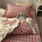 YICKYUE - Korean Red Gingham Bedding - Puppy Appliqué 4pc Washed Cotton Set