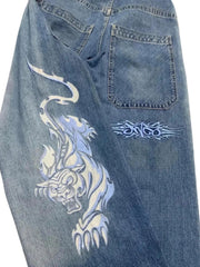 Hearujoy 90s Streetwear Jeans Streetwear Y2K Mens Hip Hop Graphic Print Retro Blue Baggy Jeans Denim Pants New Gothic High Waisted Wide Trousers