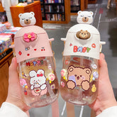 Cute Bear Water Bottle With Straw Sticker For Girls Kids Kawaii Plastic Milk Cartoon Juice Portable Drinking Cup BPA Free 500ml