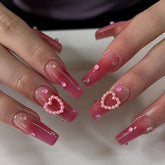 YICKYUE - 24pcs Gradient Pink False Nails with Pearl Heart Design Fashion Press on Nails Full Cover Wearable Women Lady Acrylic Nails