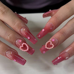 YICKYUE - 24pcs Gradient Pink False Nails with Pearl Heart Design Fashion Press on Nails Full Cover Wearable Women Lady Acrylic Nails