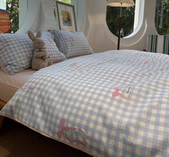 YICKYUE - Fashion lovely blue plaid bow bedding set 1.2 1.5 1.8,twin full queen sweet cotton home textile bed sheet pillowcase quilt cover