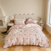 Yickyue Princess Style Embroidered Roses Bedding Set 300TC Cotton Bed Sheet Pillowcase Duvet Cover with Ruffles Queen King Size 4pcs