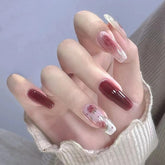 24pcs Long Coffin Ballet Fake Nails Red Rose Pattern Artificial Nail Black Style Gradient Color False Nail Patches For Girl