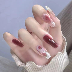24pcs Long Coffin Ballet Fake Nails Red Rose Pattern Artificial Nail Black Style Gradient Color False Nail Patches For Girl