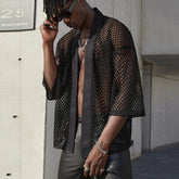 Hearujoy Mesh See-through Fishnet Mens Shirt Cardigan Fashion Sexy Shawl Nightclub Wear Tops 3/4 Sleeve Camisas Streetwear For Men