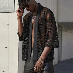 Hearujoy Mesh See-through Fishnet Mens Shirt Cardigan Fashion Sexy Shawl Nightclub Wear Tops 3/4 Sleeve Camisas Streetwear For Men