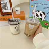 Cute Korean Bear Glass Cup With Lid And Straw For Coffee Milk Tea Clear Kawaii Mini Creative Juice Water Cups For Girl Lovers