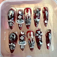 Halloween Nail Skull Rhinestone Press On Nails Y2K Handmade Long Stiletto False Nail Tips Coffin Almond Fake Nail With Glue Gift