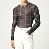 Hearujoy Plaid Print Mesh T Shirts Men Slim Fit Long Seeve O-neck Tee Tops Summer Casual Mens Perspective Tight T-shirt Streetwear