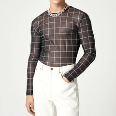Hearujoy Plaid Print Mesh T Shirts Men Slim Fit Long Seeve O-neck Tee Tops Summer Casual Mens Perspective Tight T-shirt Streetwear