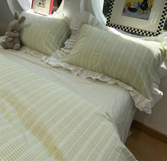 YICKYUE - Fresh fashion green plaid bed set,twin full queen fairyfair lace checked cotton home textile bed sheet pillow case quilt cover