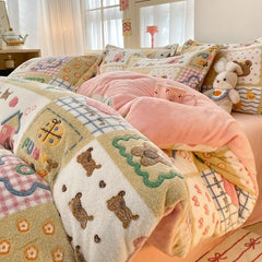 YICKYUE - Winter Bedding Set Lace Milk Velvet Bed Sheet 3 4 Pcs Autumn Thickened Warm Anti-Static Blanket Bear Double-Sided Duvet Cover