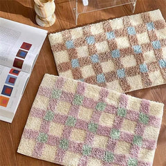 YICKYUE - Korean Style Checkerboard Flocking Bedside Carpet Bedroom Living Room Decorative Floor Mat Bathroom Absorbent Non-Slip Foot Mat