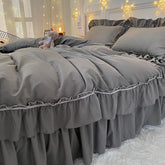 Dark Gray 3/4Pcs Mermaid Long Ruffles Duvet Cover Brushed Microfiber Shabby Chic Farmhouse Comforter Cover Bedskirt 2Pillowcases