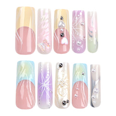 YICKYUE - French 3D Colorful Wearable Fake Nail Patch Halo Dyed Y2K Butterfly Square Head False Nails 2024 New Ballet Coffin Press on Nail
