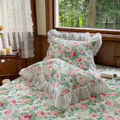 YICKYUE - Floral Print Pure Cotton Korean Princess Style Bedding Set Bedskirt Bedspread Quilt Cover French Vintage Lace Bed Set Pillowcase