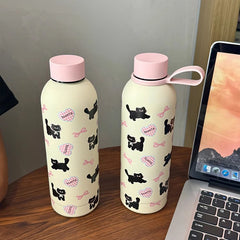 YICKYUE - Kawaii Stainless Steel Thermos Bottle 500ml Cute Cat Coffee Tea Thermos Cup Leak-Proof Girl Insulated Water Bottle With Handle