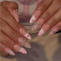 YICKYUE - 24 pcs Pink French Tip Nails with 3D Vacuum Resin Bow and Crystal Design, Removable False Nails for Women and Girls, Full Covera