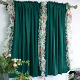 YICKYUE - Retro Green Cotton Linen Fabric Window Curtain with Flounced Lace, Customizable Drapes, Bedroom, Living Room, Home Decor