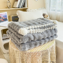 Yickyue Fur Autumn Winter Warm Blanket with Plush Ball Edge High End Comfortable Warmth Blankets for Beds Sofa Blanket for Throw