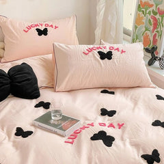 Yickyue Korean Girls' Bed Set Ins Butterfly Embroidered Duvet Cover Washed Cotton Quilt Cover Bed Sheets Solid Color Bed Linens Bedroom
