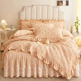 Yickyue 100%Cotton Solid Color Quilted Comforter Bedding Set Soft Breathable White Lace Ruffle edge Duvet Cover Bedskirt Pillowcase 4Pcs