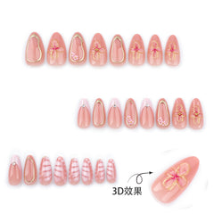 YICKYUE - 24pcs Pink French Crocodile Pattern Press on Nails Sparkling Powder 3D Flowers Fake Nail Wearable Detchable Nude Pink False Nail
