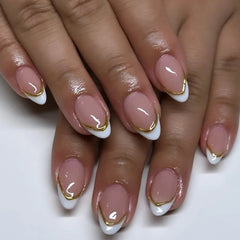 Yickyue Gold Metal French Nude Pink Nail Art Glitter Powder Fashion Fake Nails Detachable Finished False Nails Press on Nails with Glue