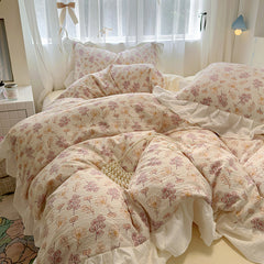 YICKYUE - Bedding Set Korean Style New Small Floral Water Washed Cotton Lace Duvet Cover Set Queen Size