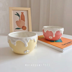 Super Cute Embossed Cream Ceramic Flower Girl Lunch and Dinner Rice Salad Bowl Cherry Bunny Hand-painted Yogurt Children's Bowl
