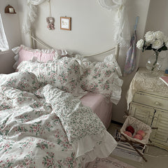 YICKYUE - French Romantic Ins Spring and Summer 60 Count Cotton Washed Cotton Four-piece Set Pure Cotton Princess Style Lace Quilt Cover Bed Sheet